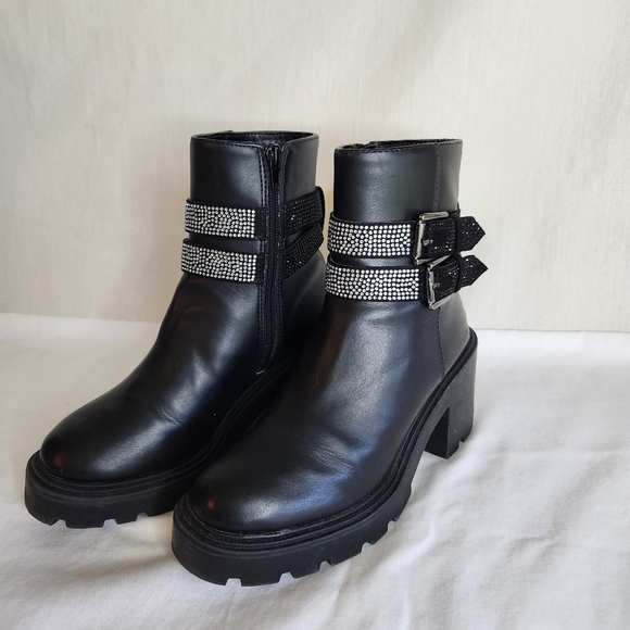 Steve Madden Women's Boots Black Belted Crystal Studded. Size 5M steampunk. - Picture 3 of 7